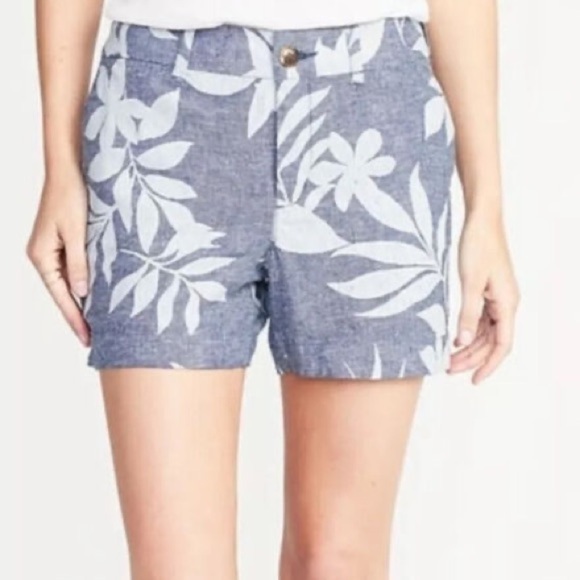 Old Navy Pants - Old Navy Everyday Blue Tropical Floral Linen Blend Chambray Summer Short